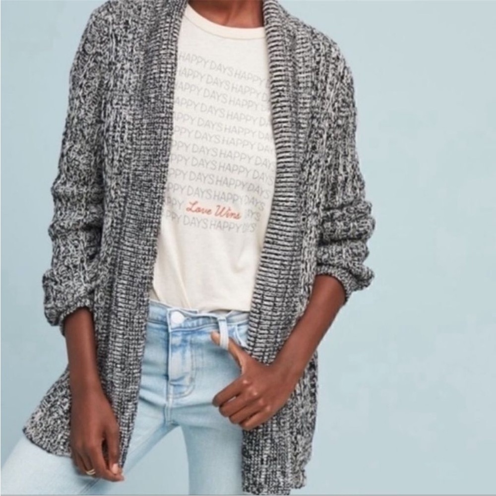 Anthropologie Tehama Cardigan Sweater Open Front Marled Knit Black White Large